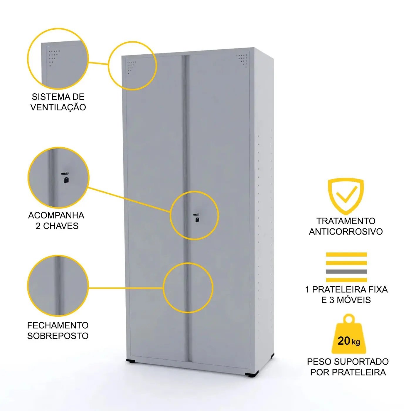 Armário de Aço Pandim – medindo 1,62×0,75×0,40m – CHAPA # 26 – Cinza – 3107 - Imagem 3