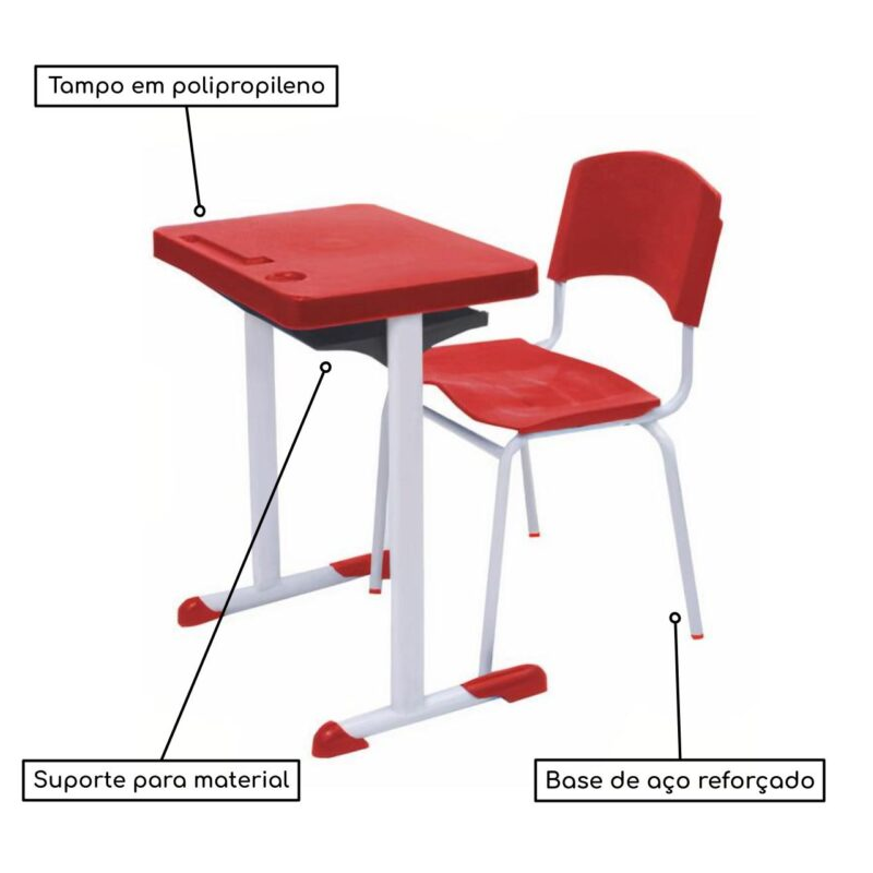 Conjunto Escolar Adulto (Mesa e Cadeira) Cor Vermelho - 4133 - Imagem 2