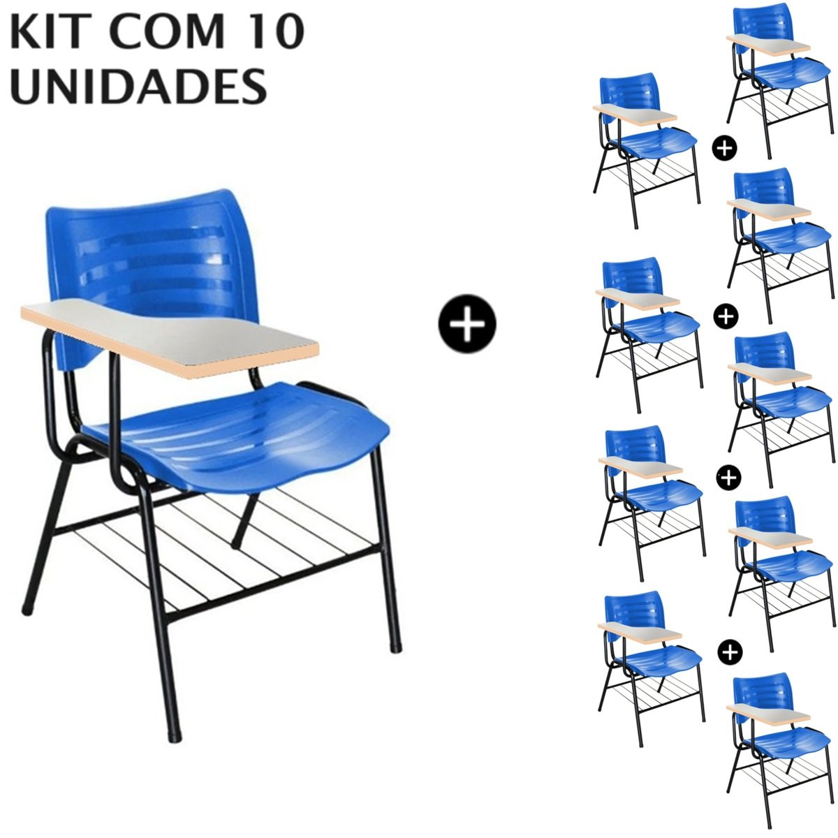 Kit com 10 Carteiras Universitárias Plásticas (Polipropileno) – Cor Azul – 4035