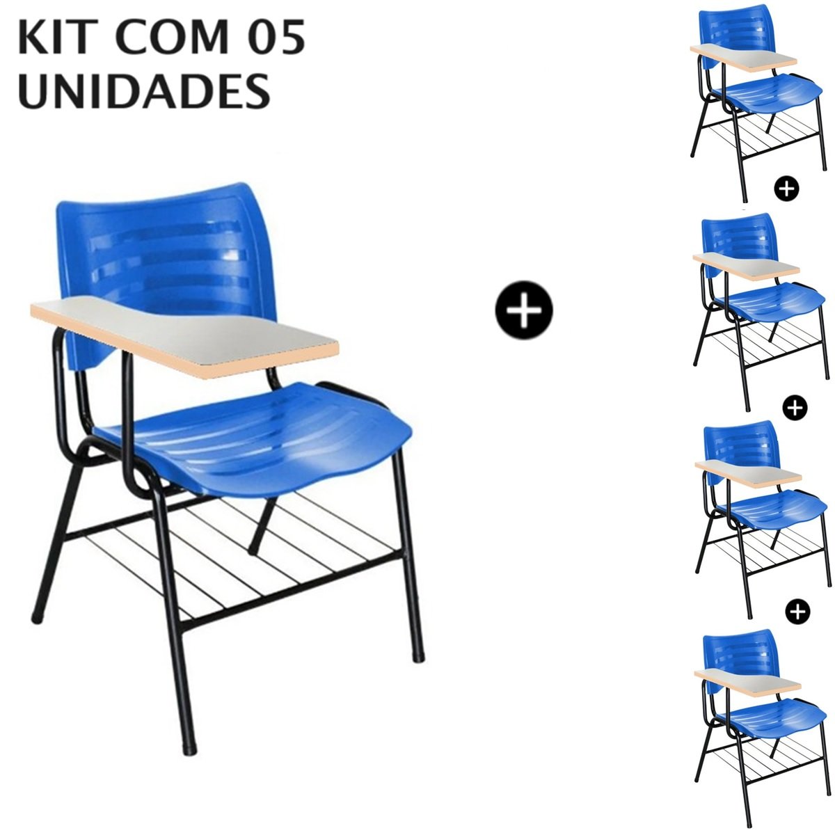 Kit com 05 Carteiras Universitárias Plásticas (Polipropileno) – Cor Azul - 4034