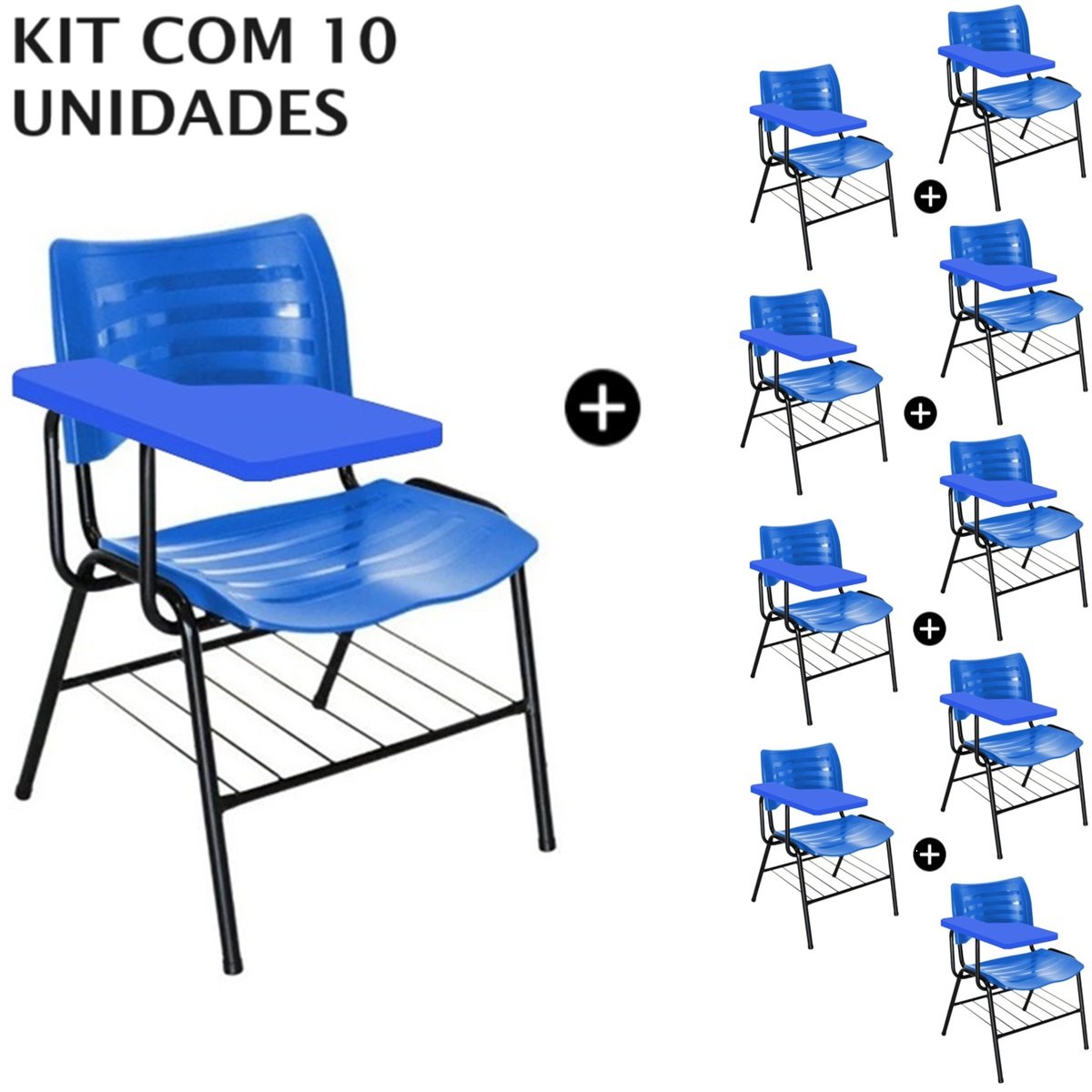 Kit com 10 Carteiras Universitárias Plástica com Prancheta PLÁSTICA – COR AZUL - 4041