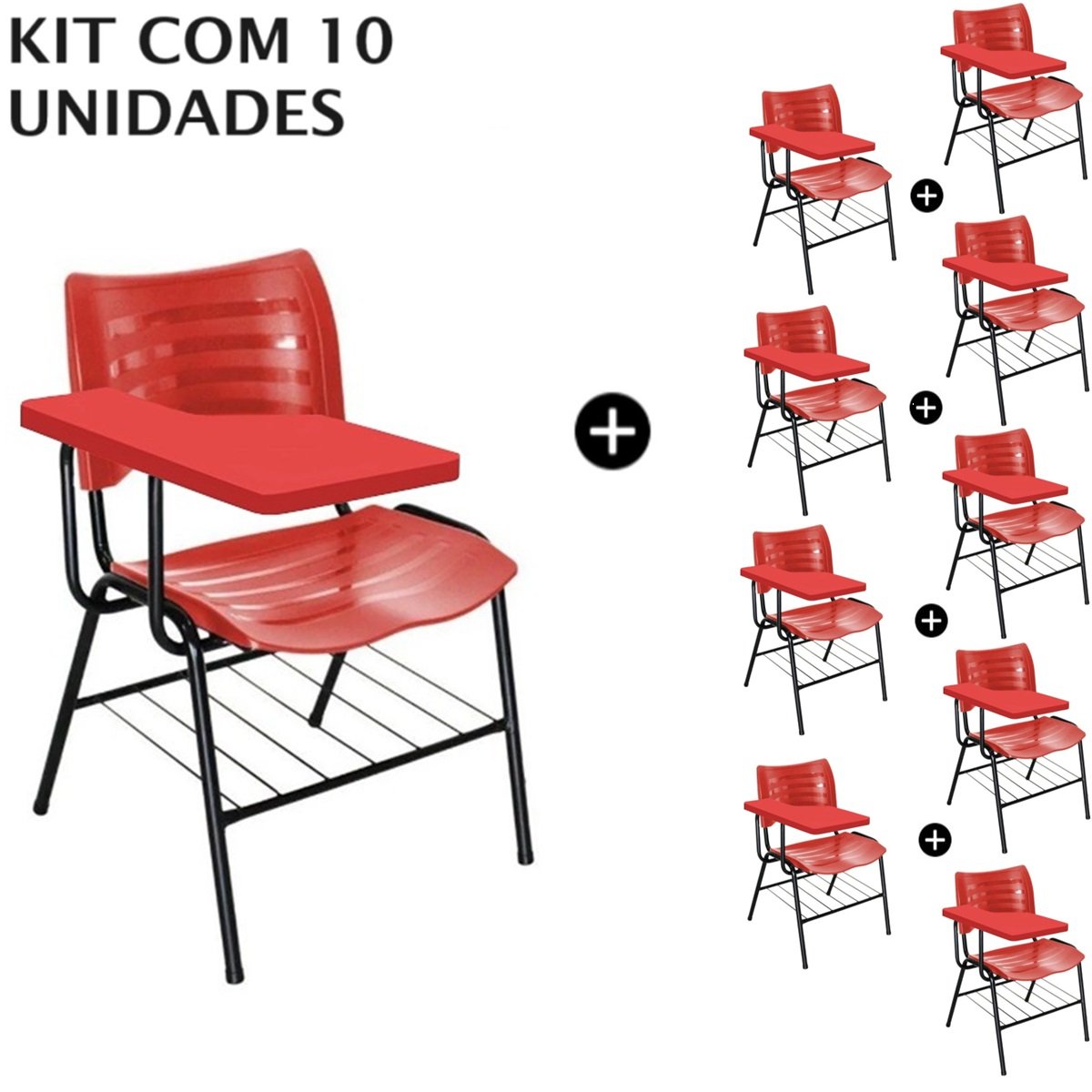 Kit com 10 Carteiras Universitárias Plástica com Prancheta PLÁSTICA – COR VERMELHO - 4043
