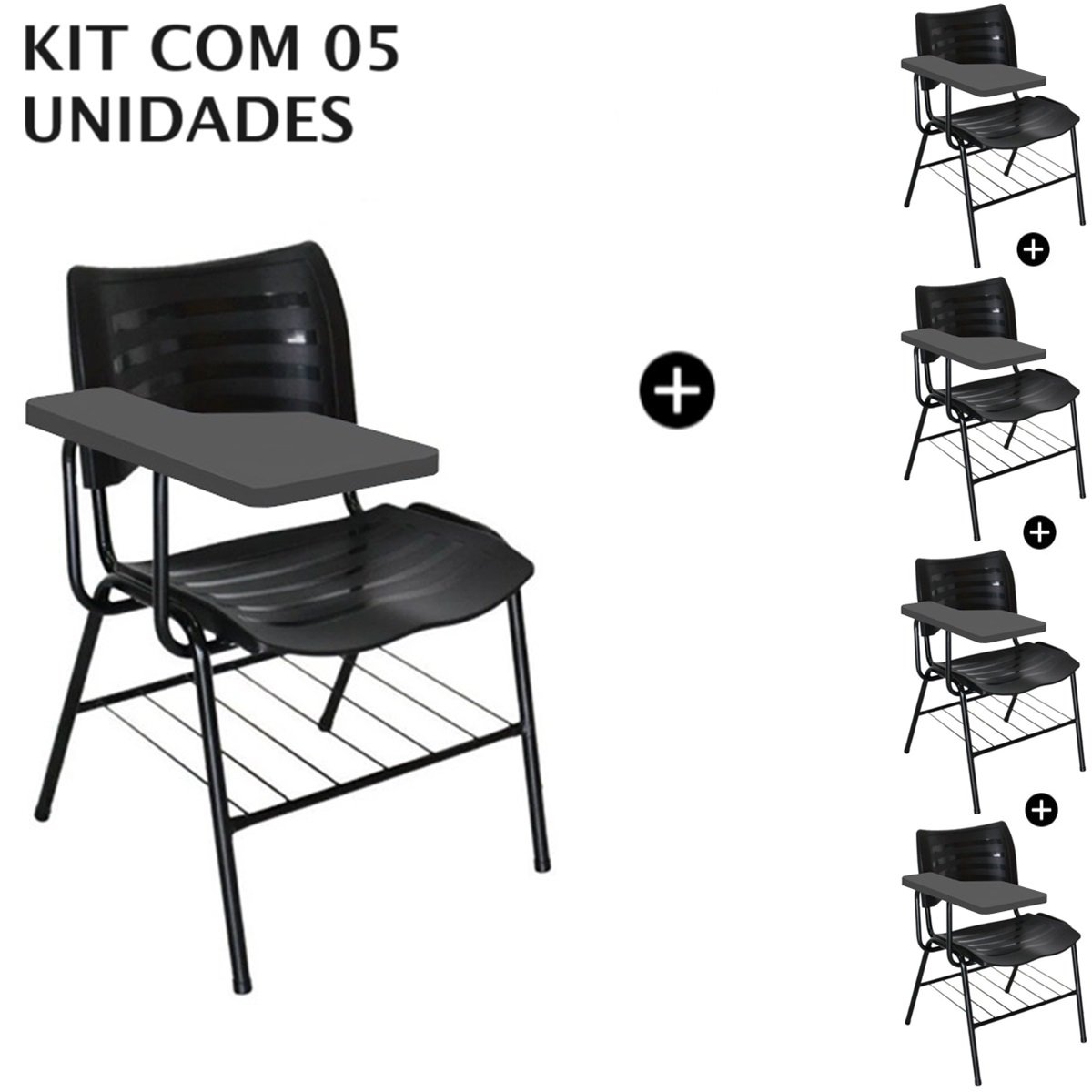 kit com 05 Carteiras Universitárias Plástica com Prancheta PLÁSTICA – COR PRETO - 4038