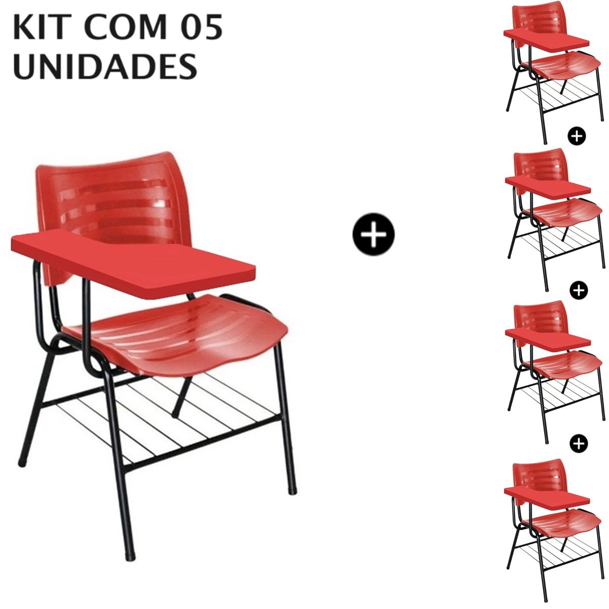 Kit com 05 Carteiras Universitárias Plástica com Prancheta PLÁSTICA – COR VERMELHA - 4042