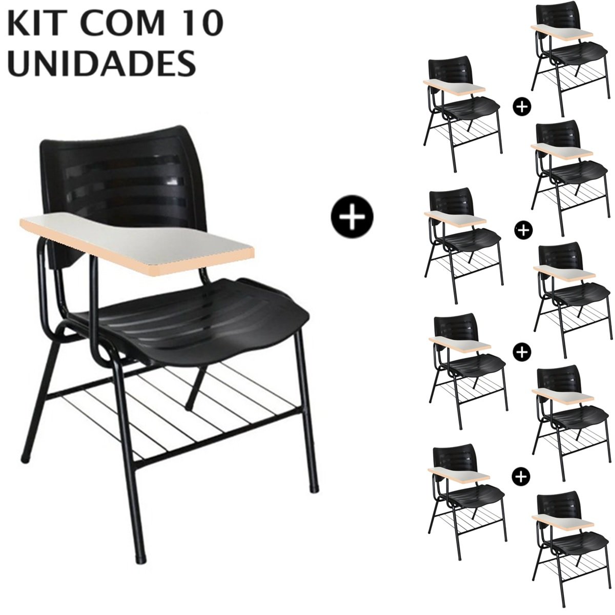 Kit com 10 Carteiras Universitárias Plásticas (Polipropileno) – Cor Preto - 4033