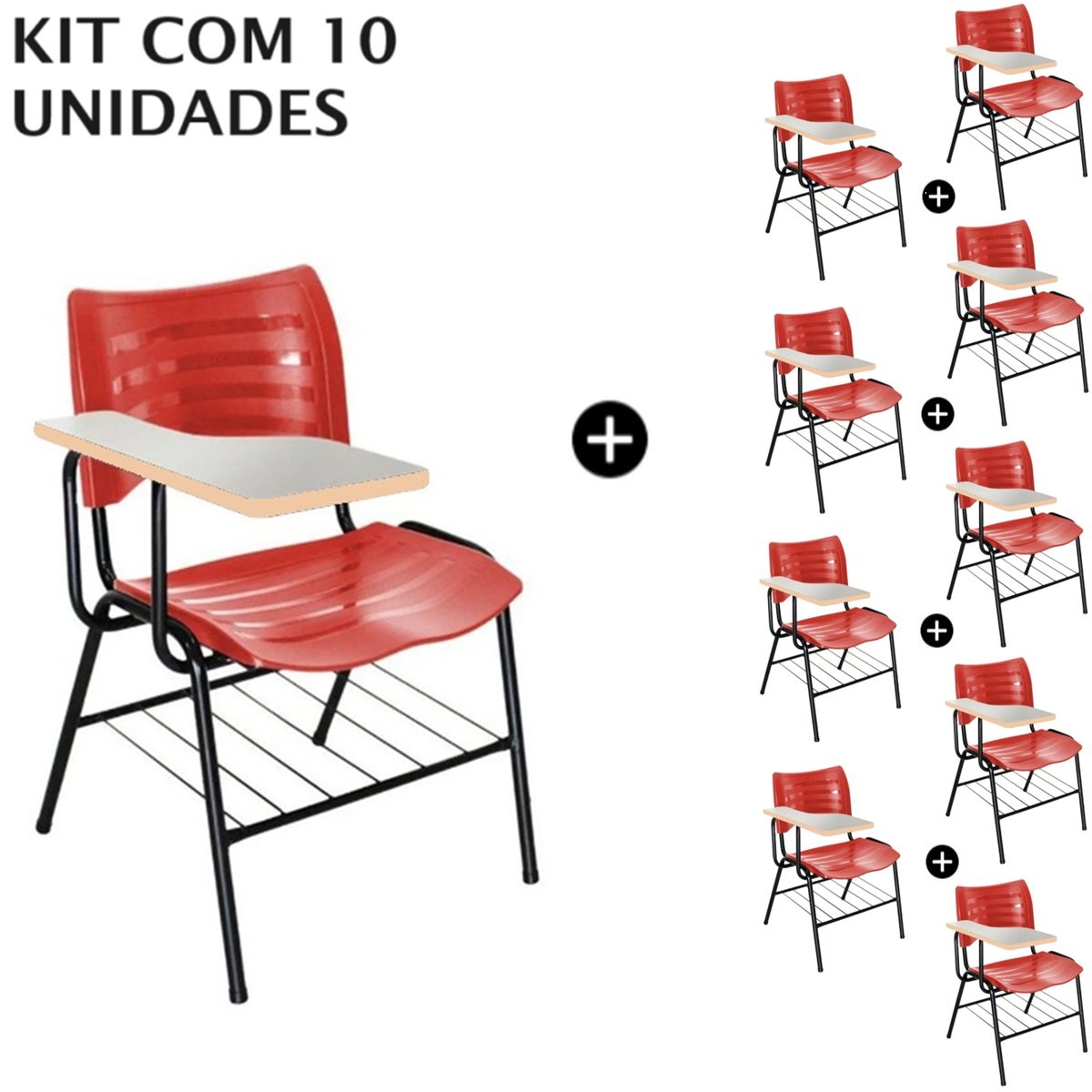 Kit com 10 Carteiras Universitárias Plásticas (Polipropileno) – Cor Vermelho - 4037