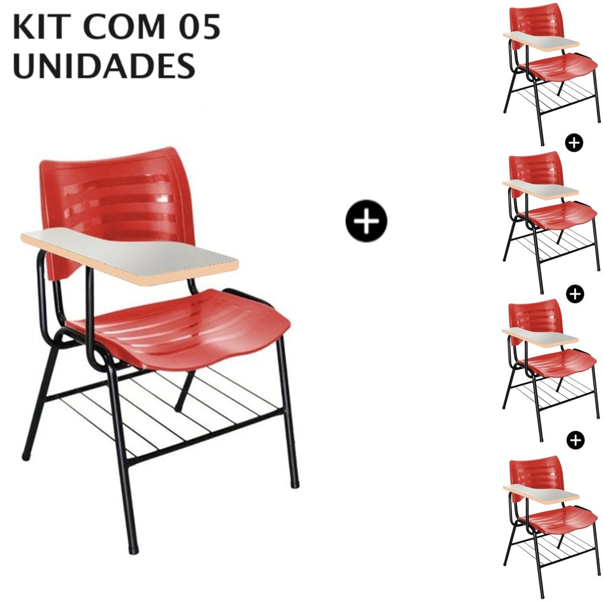 Kit com 05 Carteiras Universitárias Plásticas (Polipropileno) – Cor Vermelho - 4036